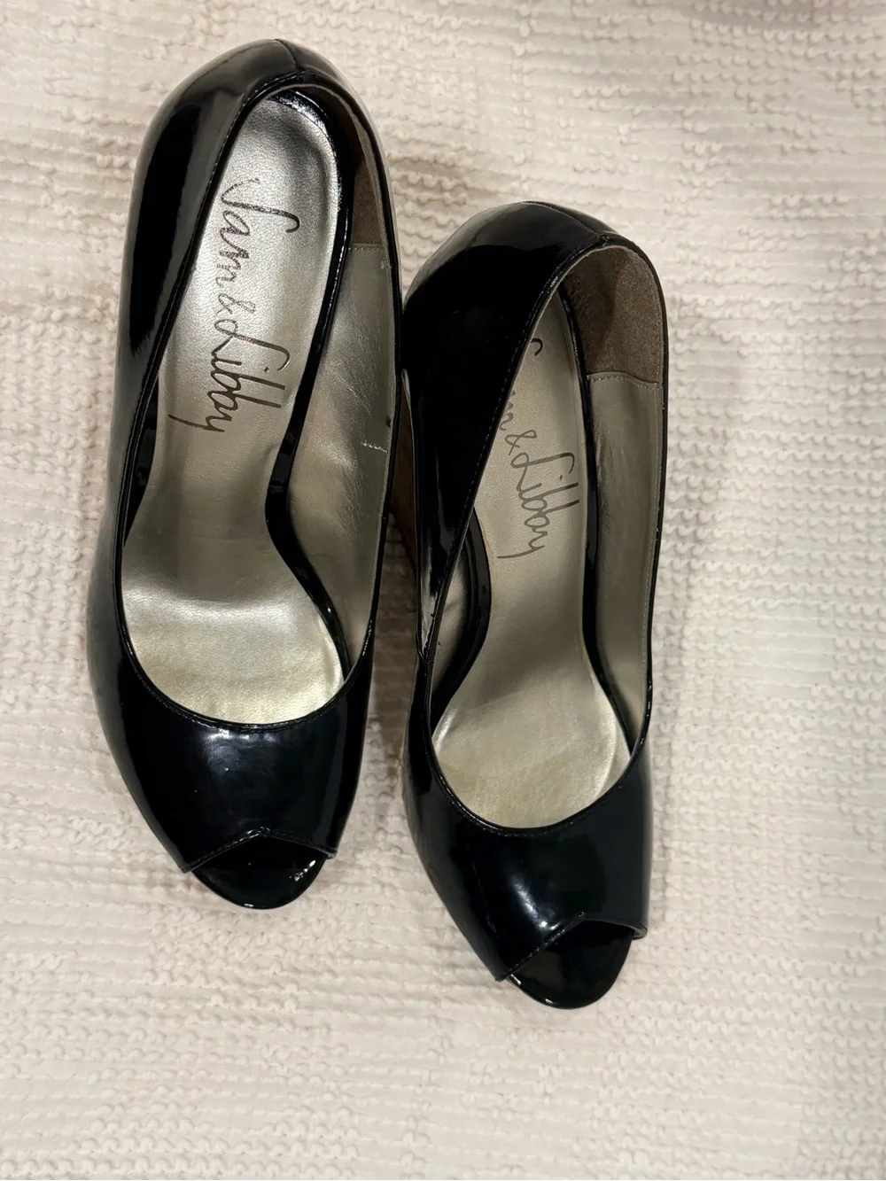 Sam & Libby Black Patent Cork Wedge Peep Toe Pumps - Picture 8 of 8